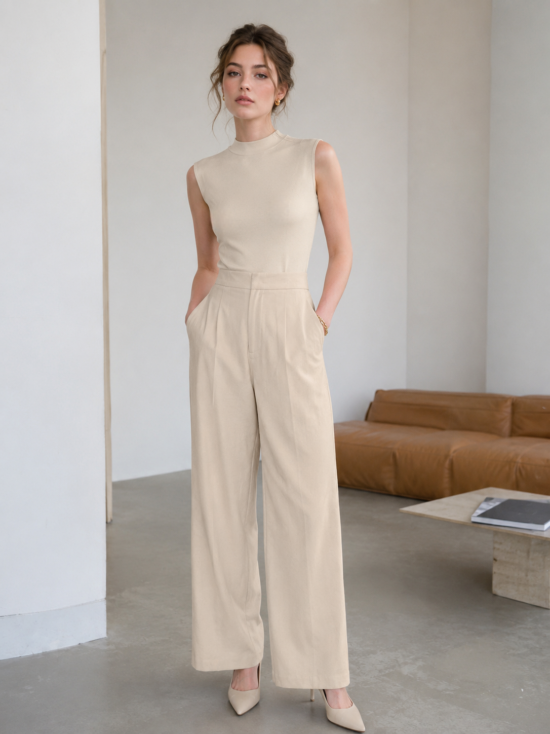 Women's Off-White Wide-Leg Trousers: Casual Chic High-Rise Pants A-50963