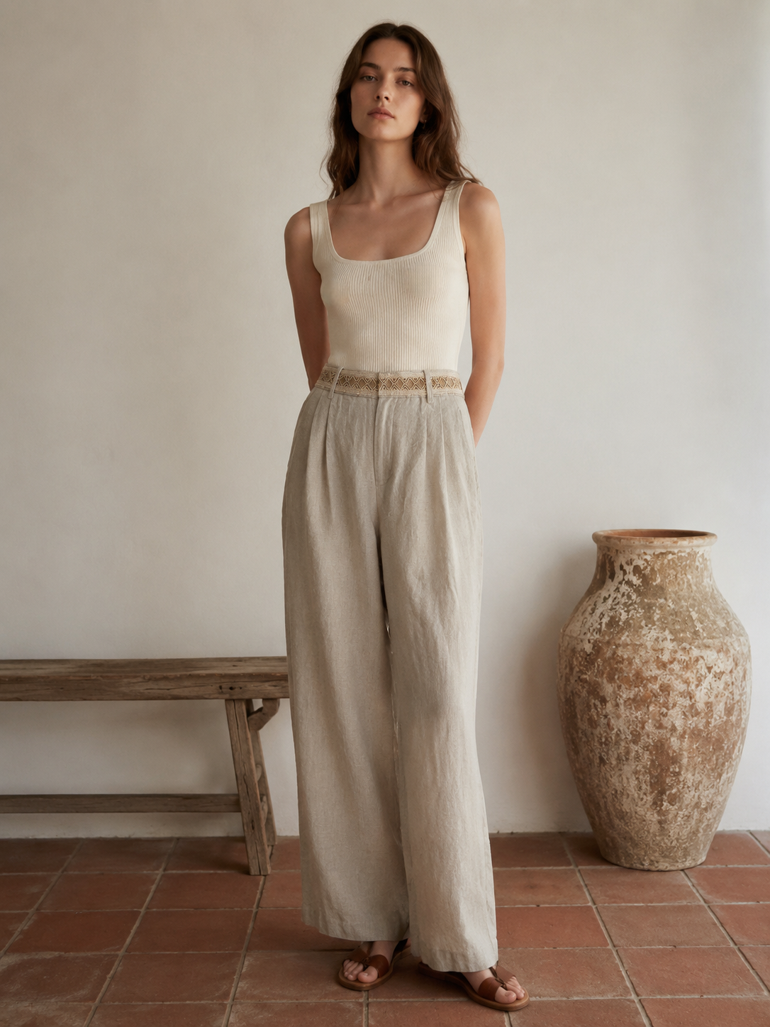 Boho Linen Wide-Leg Pants: Women's High-Waist Trousers with Embroidered Waistband C-41778