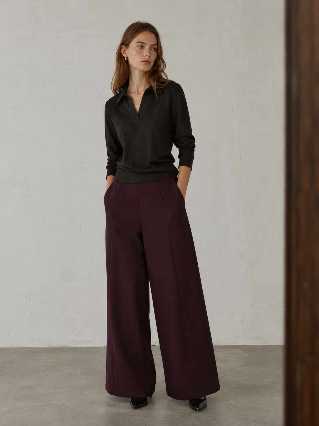 Elegant Wine Red Tailored Wide Leg Trousers C-42183