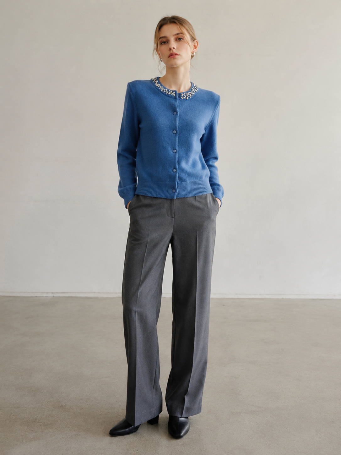 Chic Blue Beaded Neck Cardigan - Crew Neck Button Up Knit Top  MAN-860070