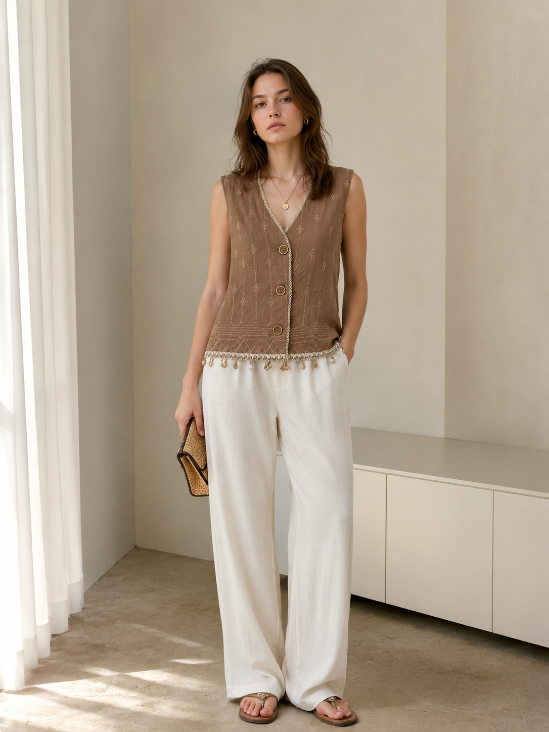 Women’s Boho Embroidered Button Vest – Tassel Detail Summer Top AN-760001