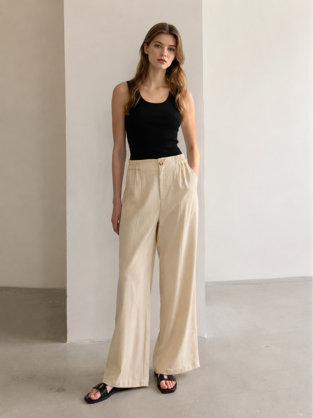 Minimalist Wide Leg Linen Blend Pants with Elastic Waist C-42201