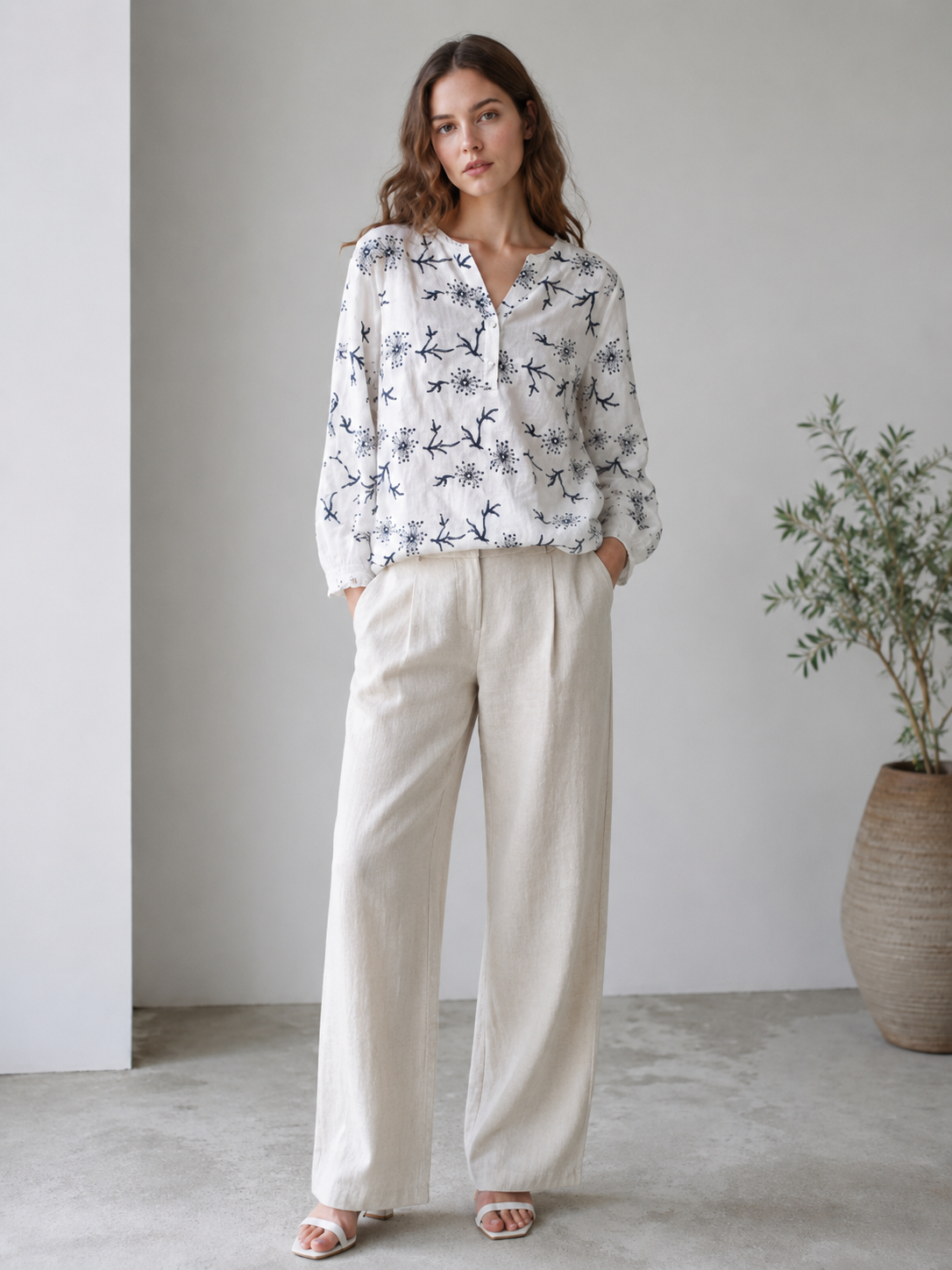 Boho Floral Embroidered Cotton Blouse for Women C-42319