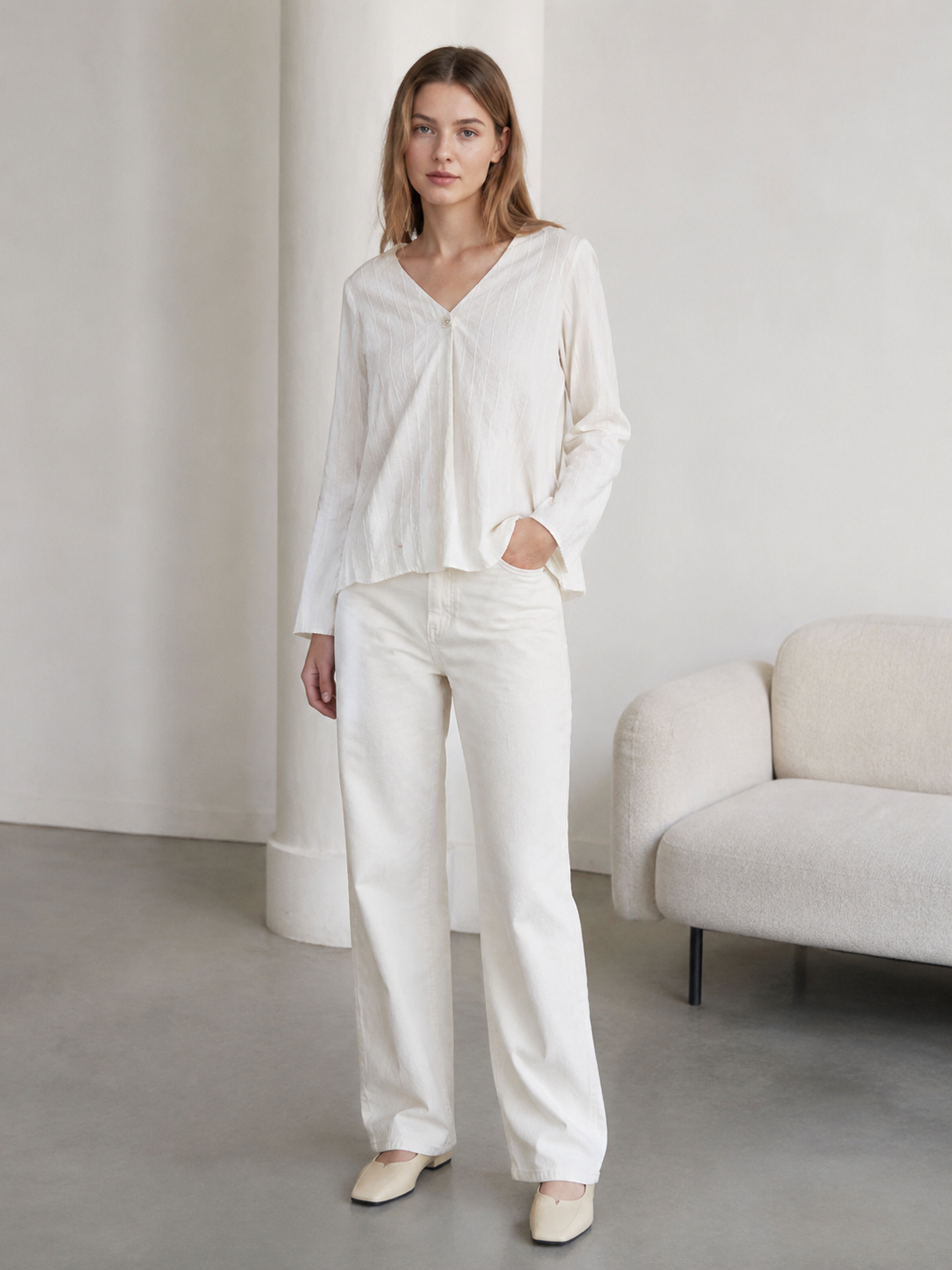 Women’s Casual Solid V Neck Loose Fit Long Sleeve Blouse M-26172