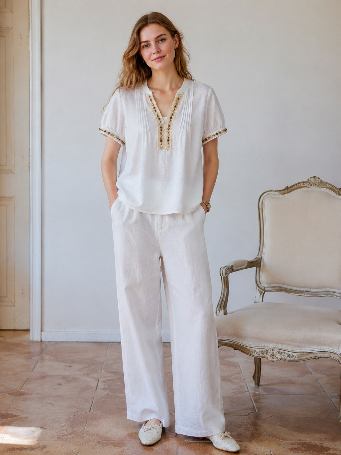 Women’s Boho Swiss Dot Lace Trim V Neck Short Sleeve Blouse D-42313