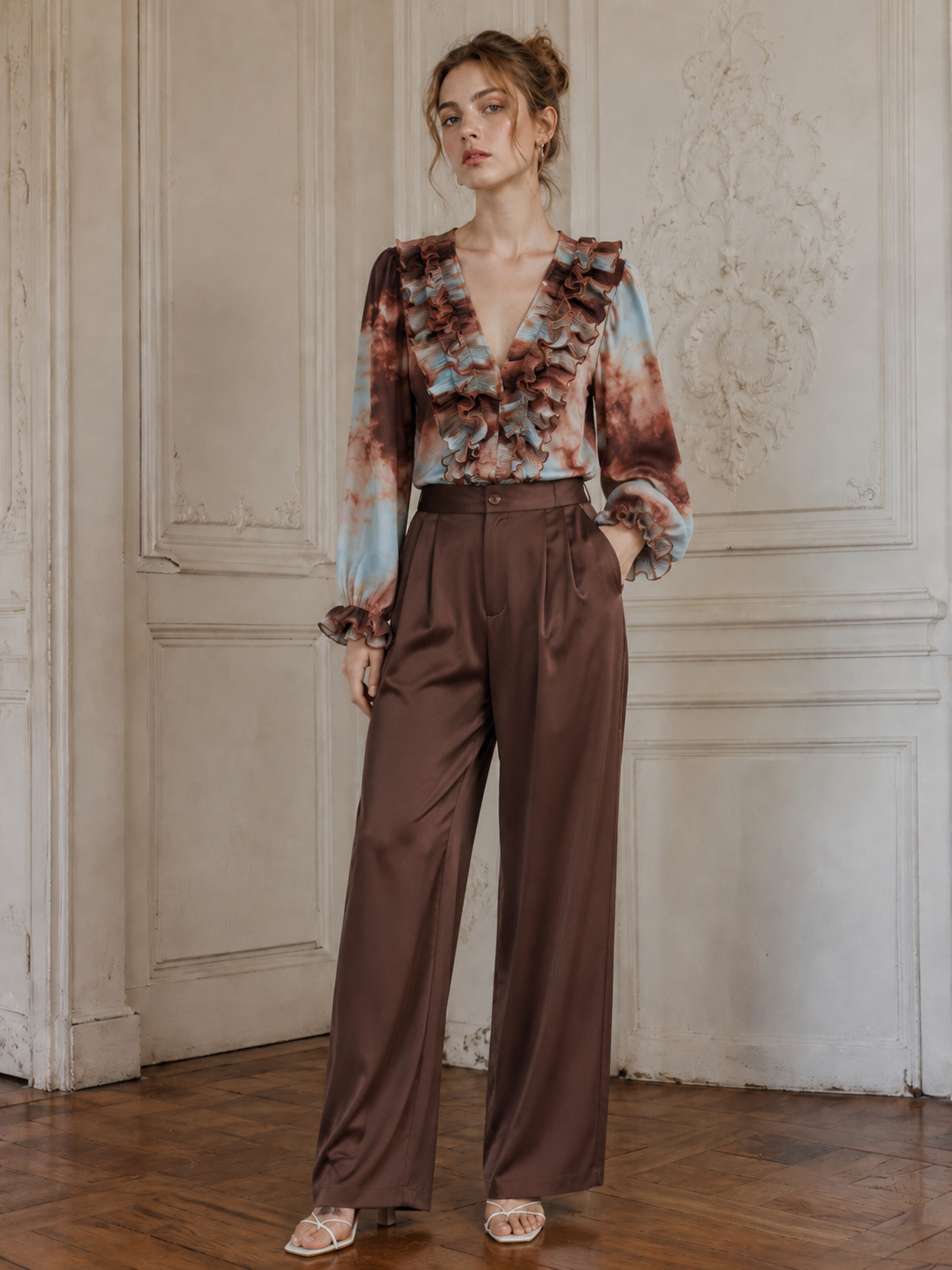 Women’s Tie Dye Ruffle Sheer Chiffon Long Sleeve Blouse XW-251201