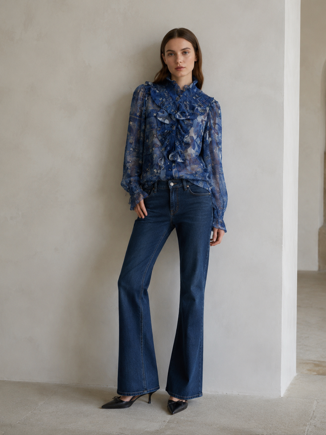Women’s Vintage Ruffle High Neck Printed Chiffon Blouse XW-251203