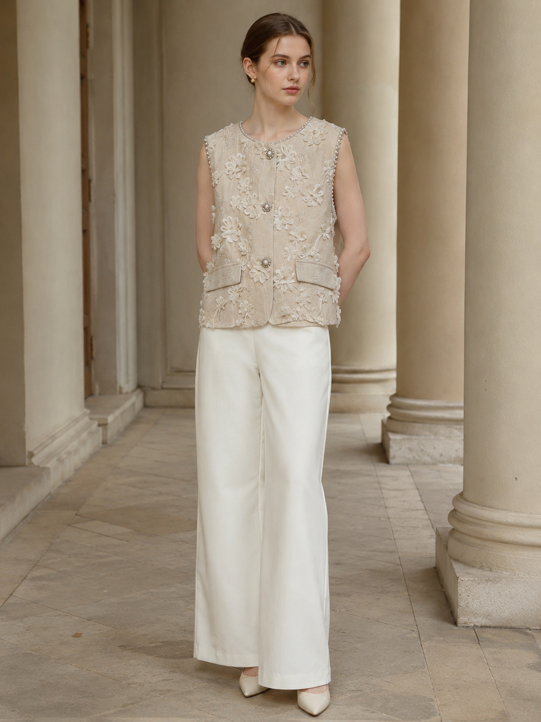 Women’s 3D Floral Beaded Tweed Sleeveless Vest LA-030403