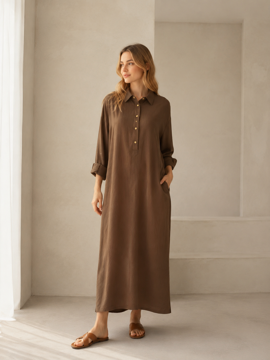 Women’s Minimalist Relaxed-Fit Maxi Shirt Dress A-43023
