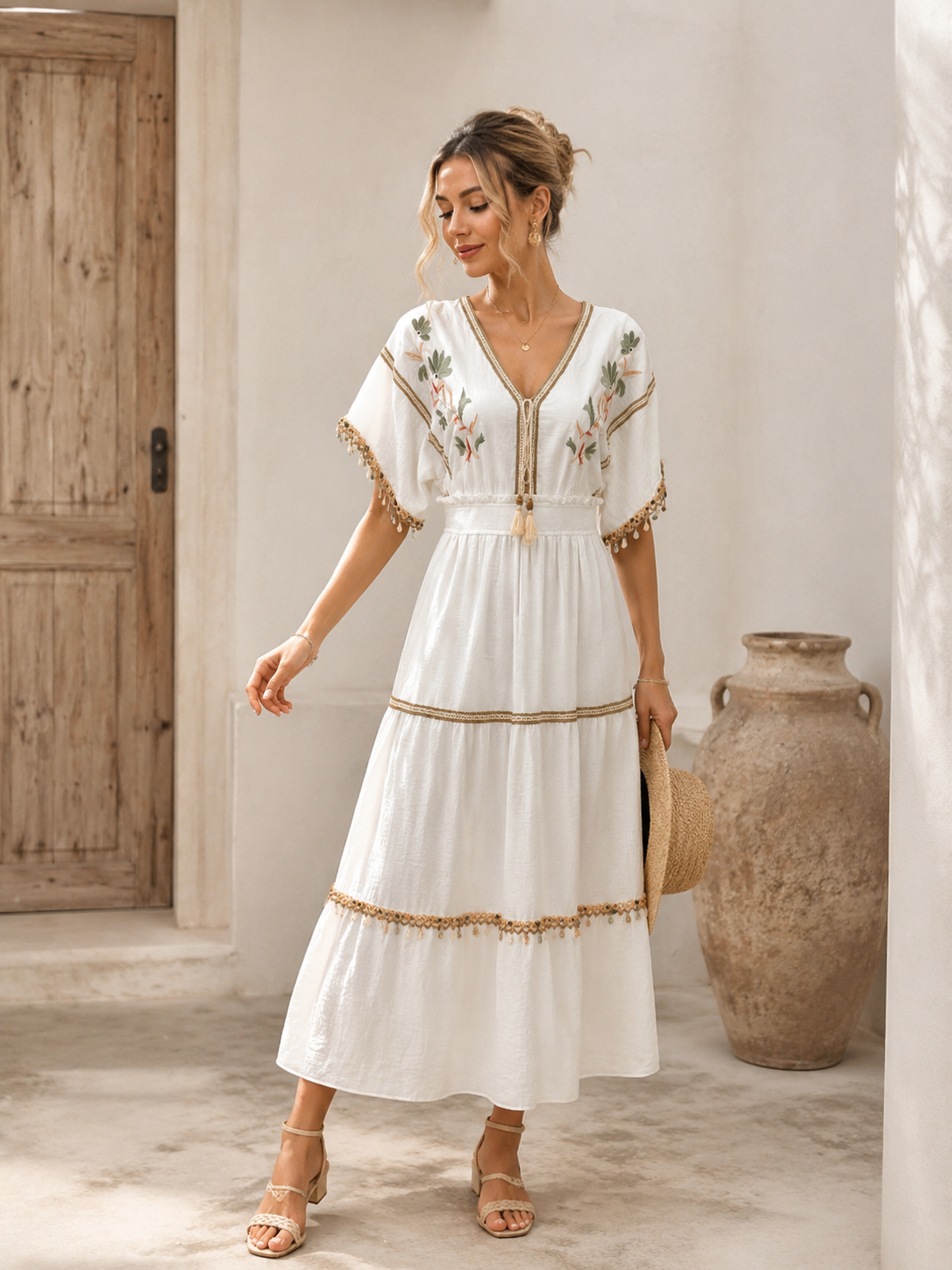 Women’s Boho Embroidered Tassel Tie Maxi Dress D-42829