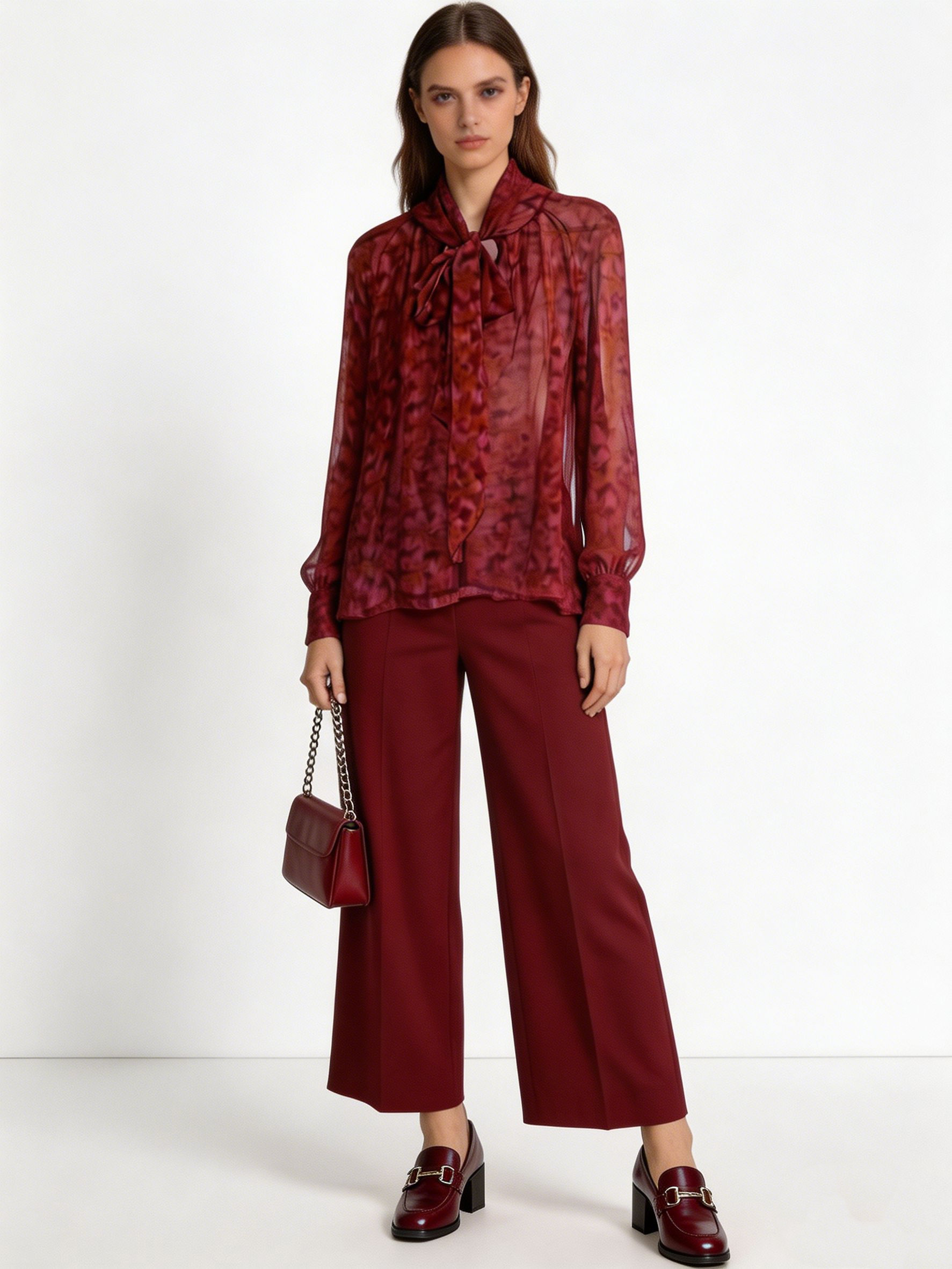 Women’s Printed Tie Neck Sheer Chiffon Long Sleeve Blouse XW-251209