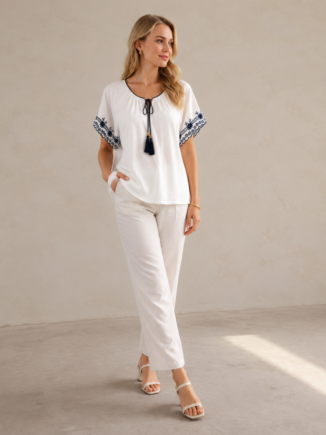Women’s Boho Embroidered Tassel Tie Top M-42980