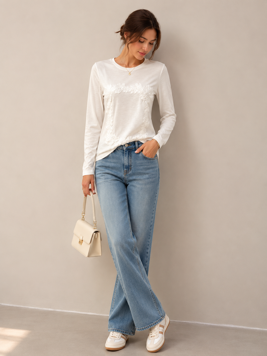 Women’s Lace Panel 3D Floral Long Sleeve Top M-43089