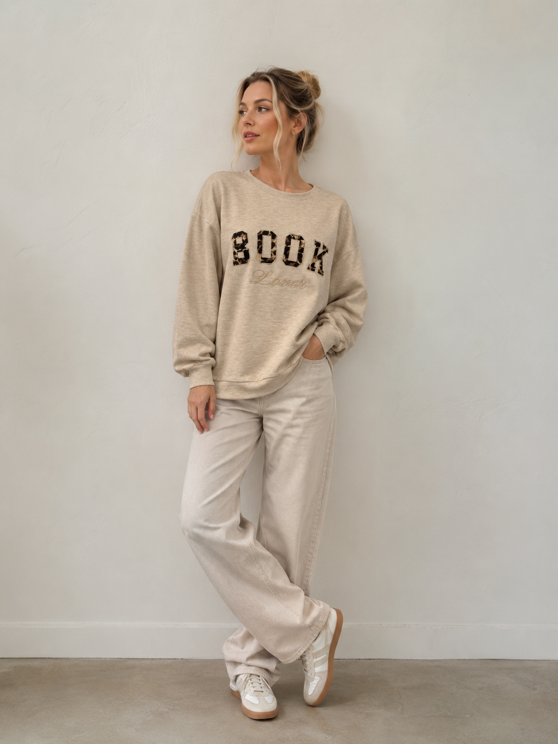 Women’s Waffle Leopard Graphic Oversized Sweatshirt M-43187