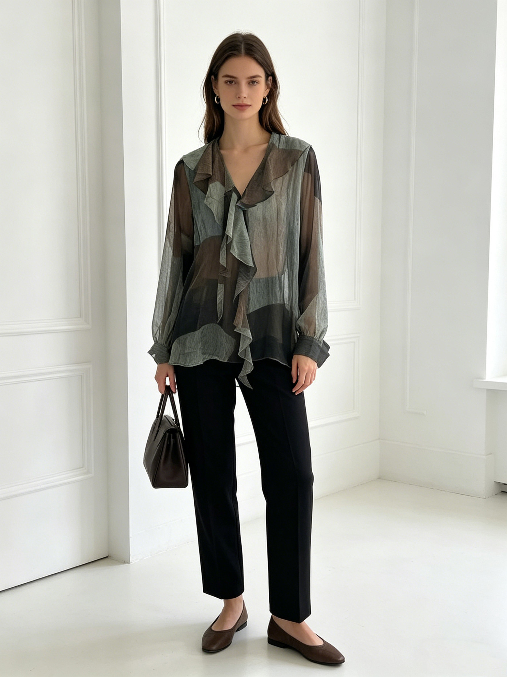 Women’s Sheer Watercolor Ruffle Tie Neck Chiffon Blouse XW-251205