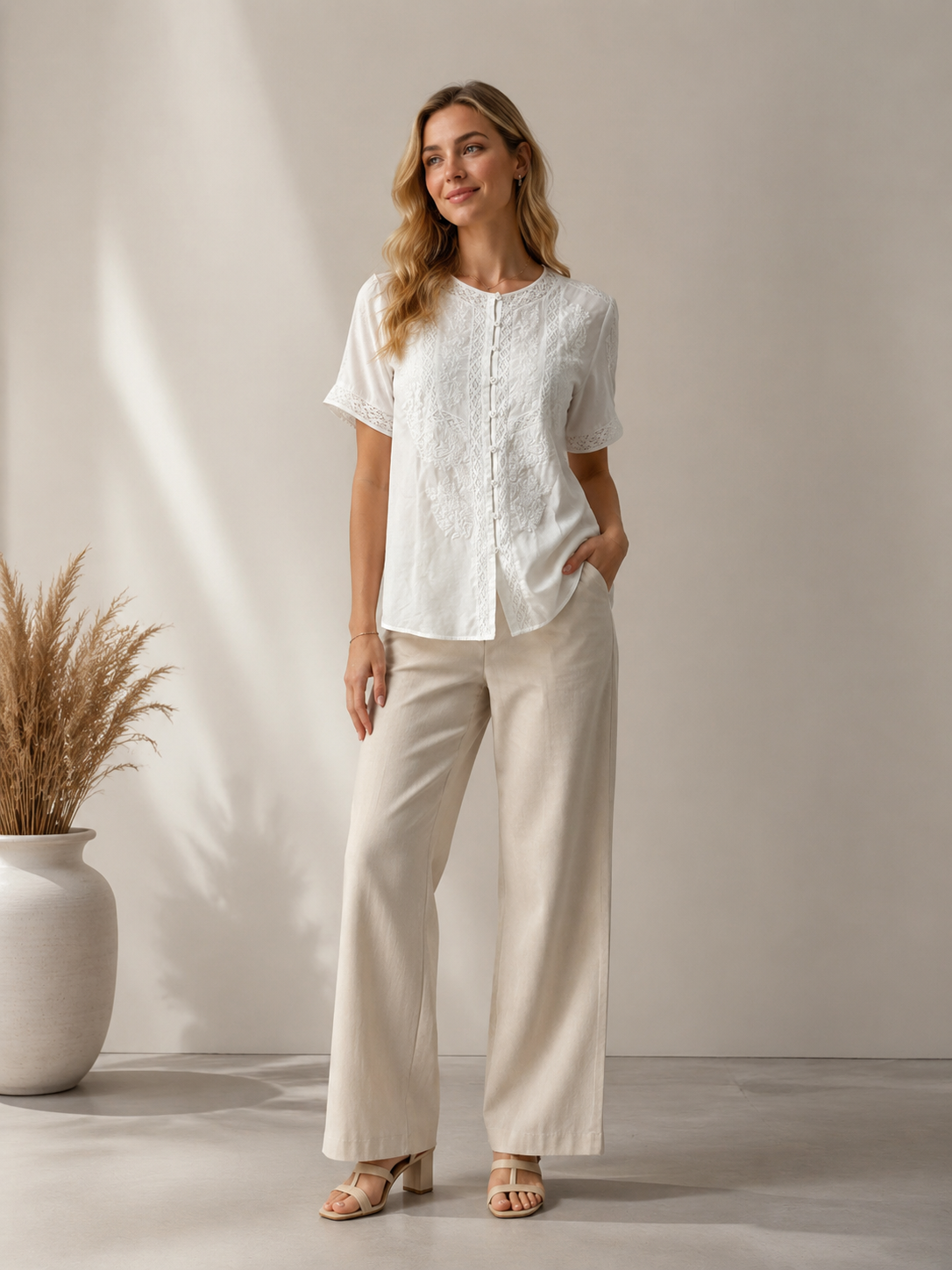 Women’s Boho Embroidered Lace Insert Blouse W-42923