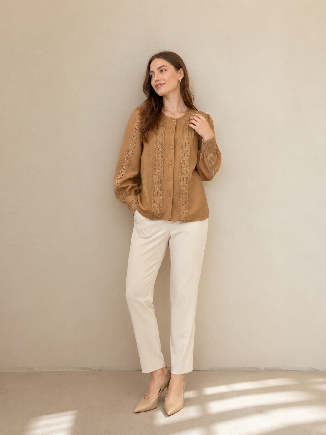Women’s Boho Lace Insert Balloon Sleeve Blouse W-42998