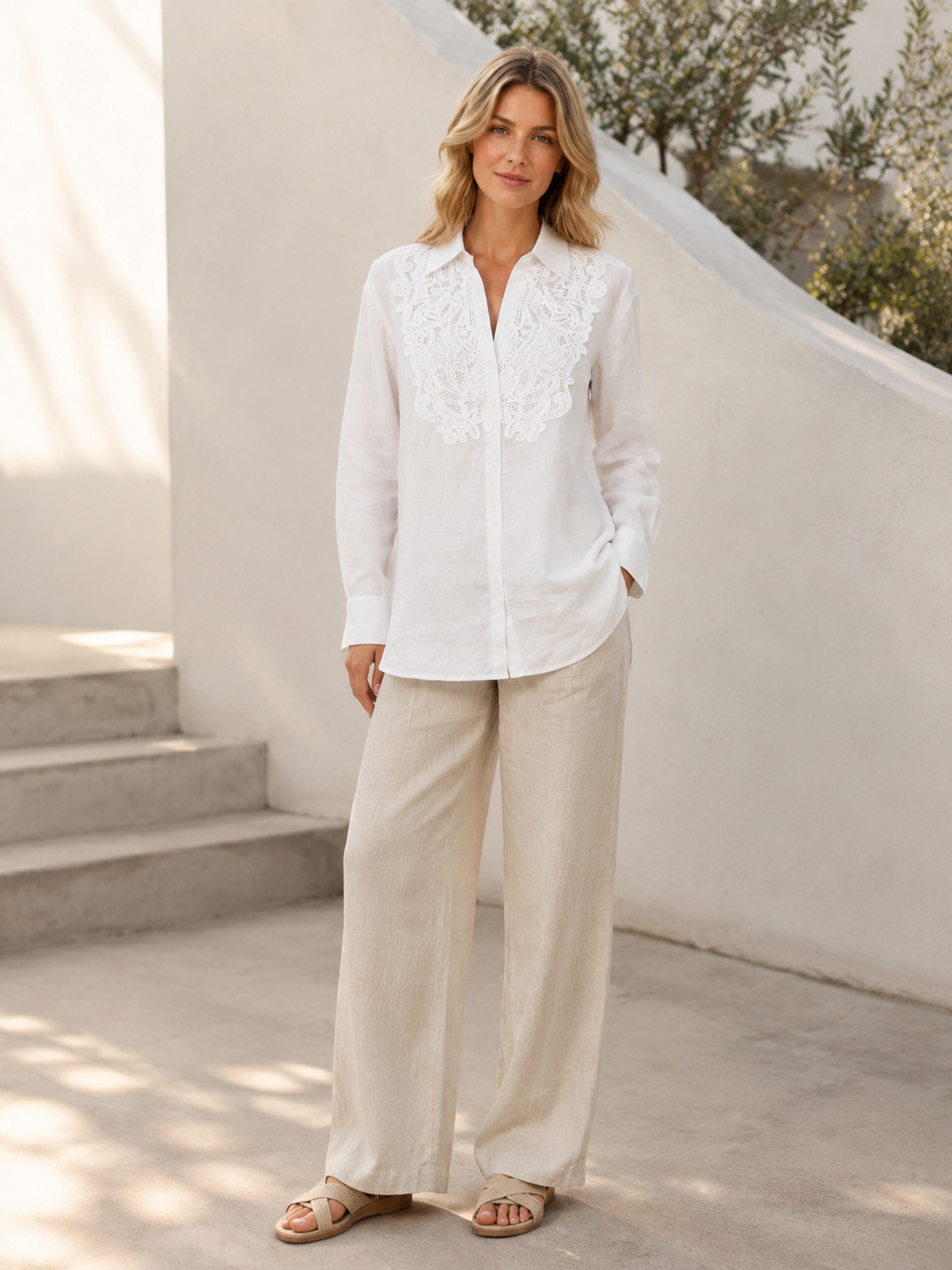 Women’s Linen Look Lace Applique Shirt Blouse XW-42332