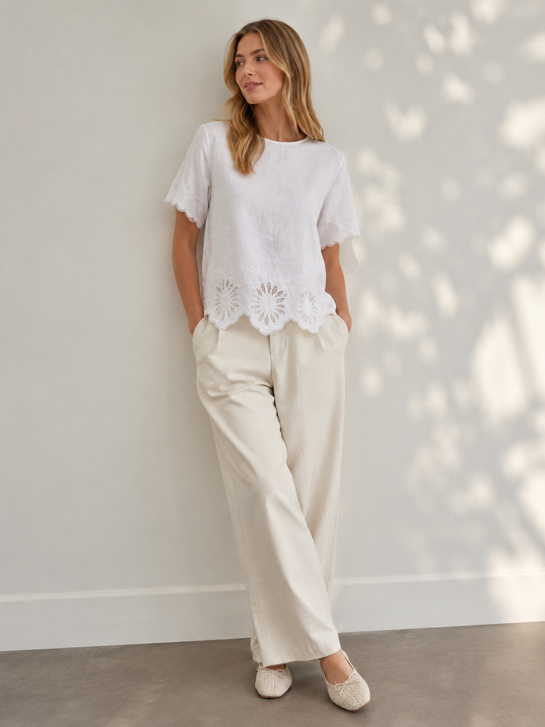 Women’s Linen Look Eyelet Hem Summer Blouse XW-42340