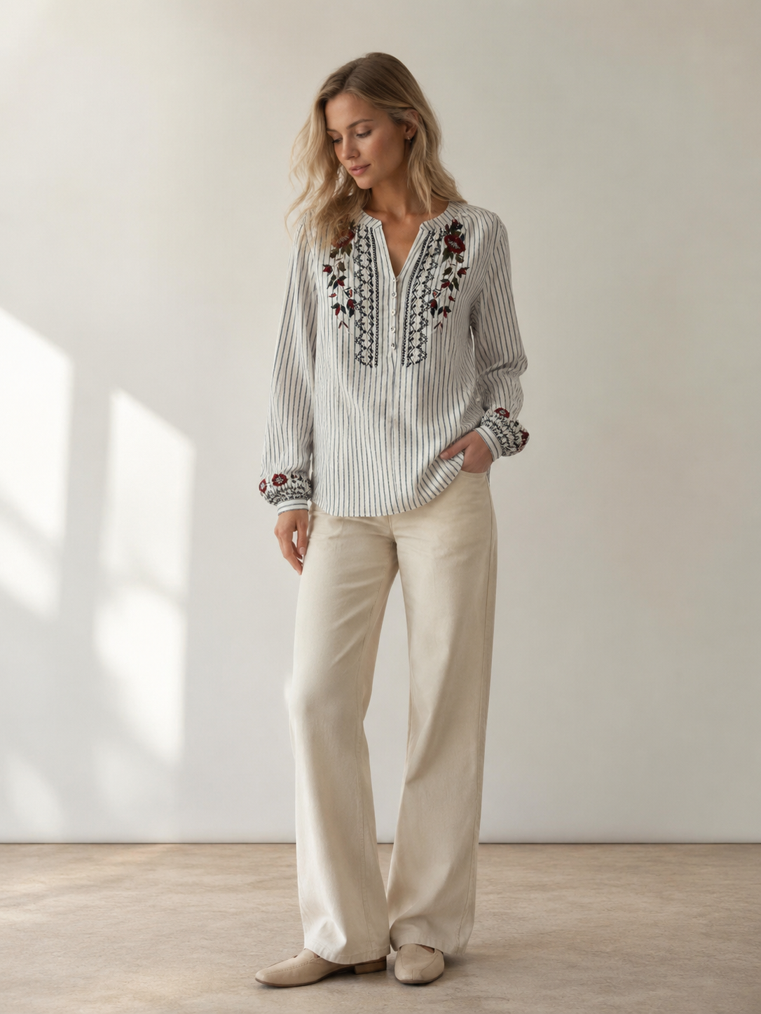 Women’s Striped Floral Embroidered Boho Blouse A-42686
