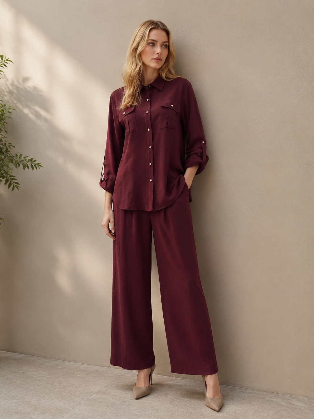 Women’s Burgundy Shirt & Wide Leg Pants Co-ord Set A-43235+A-43236