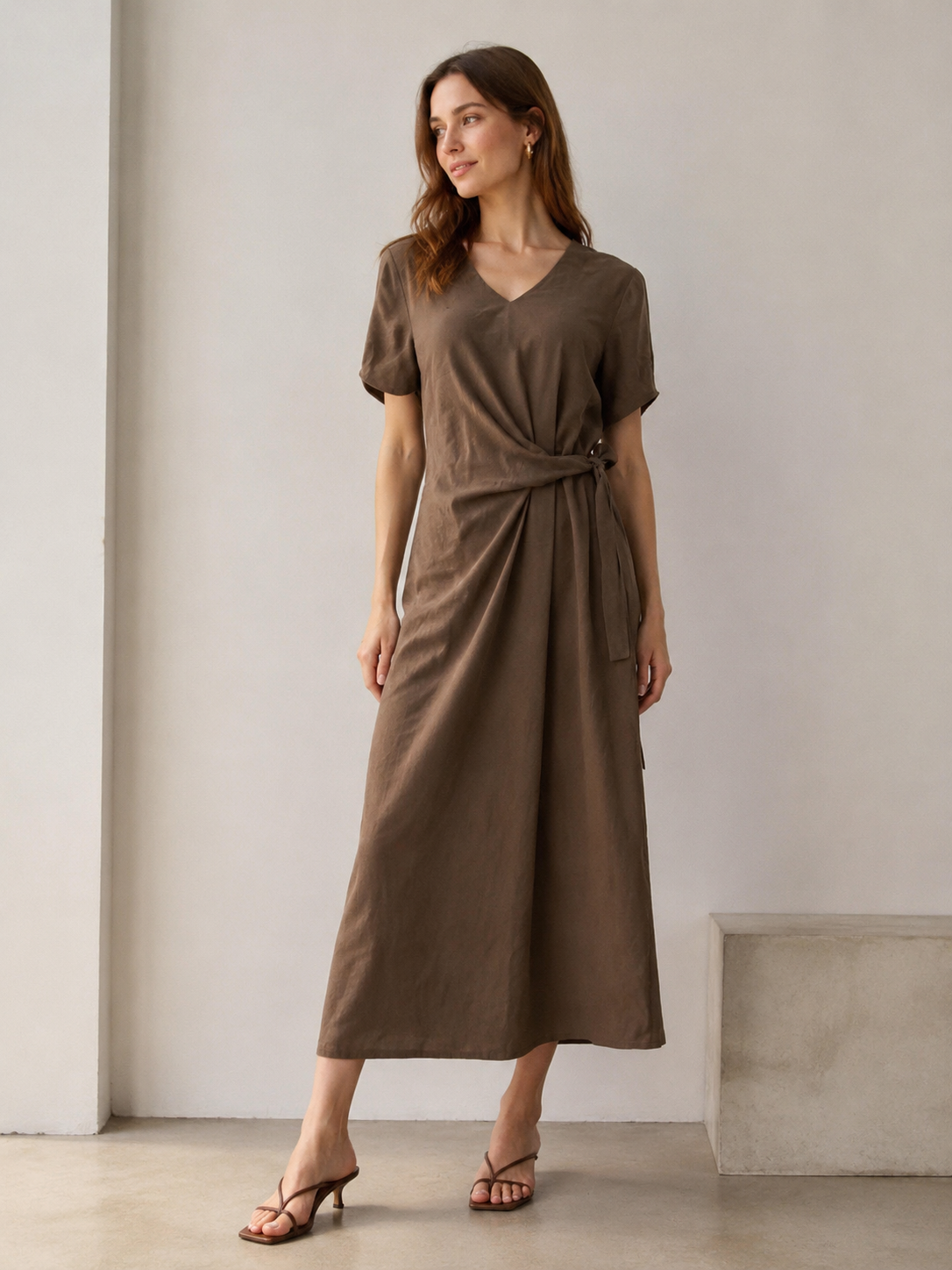 Women’s Linen Look Tie Waist Wrap Maxi Dress C-41879