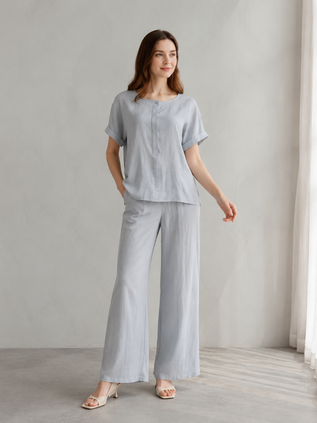 Women’s Linen Look Wide Leg Loungewear Set C-42826+C-42825