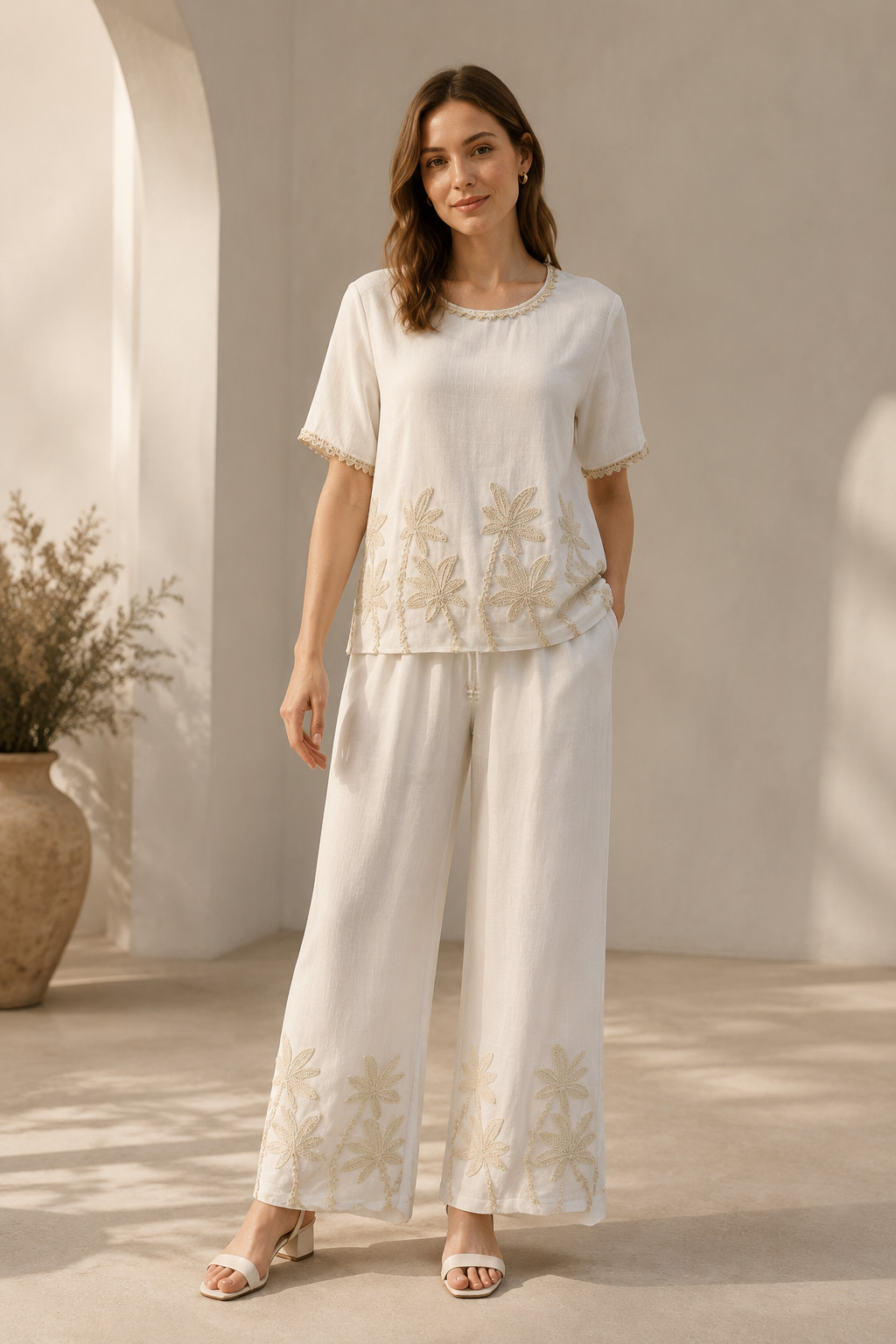 Women’s Resort Palm Embroidered Wide Leg Co-ord Set C-42917+C-42862