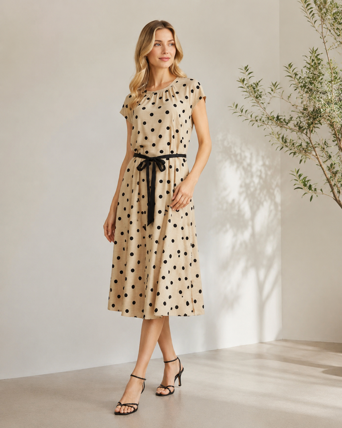 Women’s Polka Dot Tie Waist Midi Dress S-38992