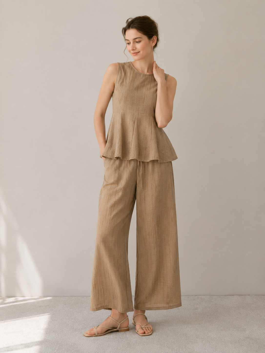 Women’s Crinkle Sleeveless Wide Leg Co-ord Set VW-40584+VW-40584