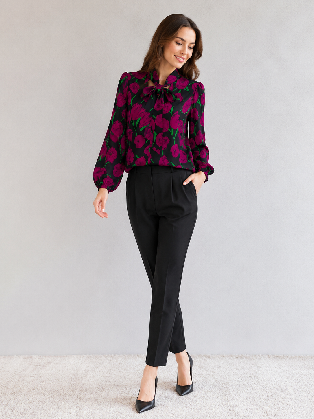 Women’s Floral Bow Tie Neck Balloon Sleeve Blouse W-36920