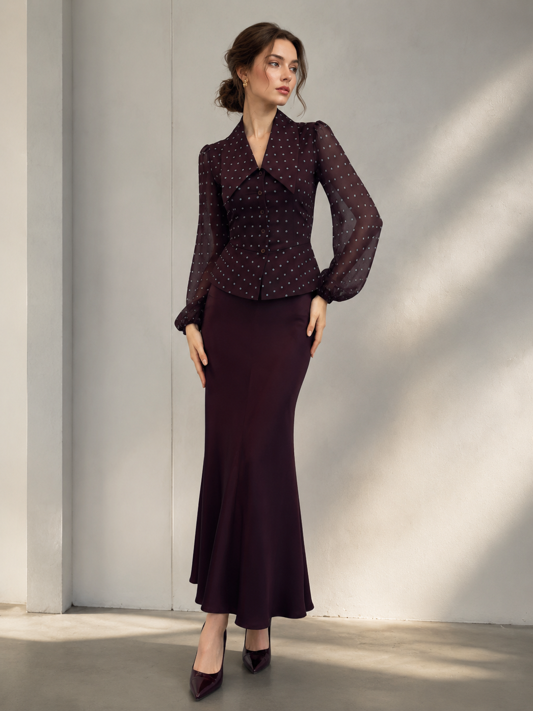 Women’s Vintage Polka Dot Blouse & Maxi Skirt Co-Ord Set W-41420+LA35010