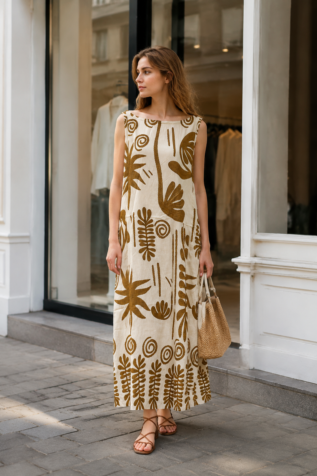 Women’s Boho Tropical Leaf Print Sleeveless Maxi Dress with Pom Pom Trim 2550