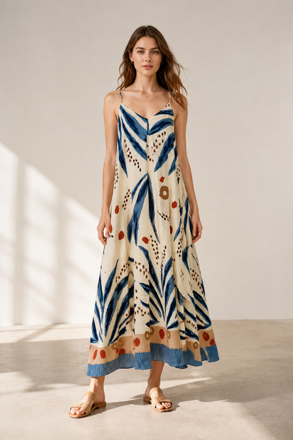 Women’s Tropical Leaf Print Halter Maxi Dress with Pom Pom Trim 2882-2