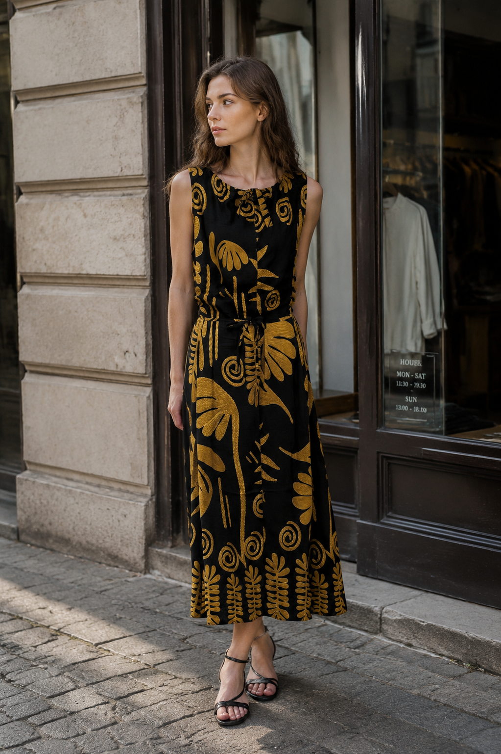 Women’s Black Floral Print Sleeveless Maxi Dress with Belted Waist