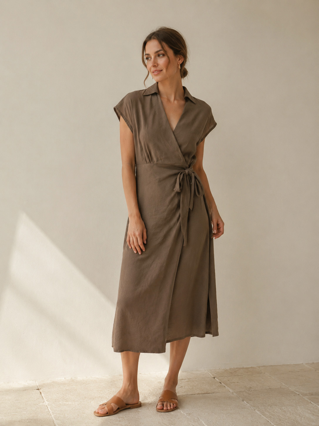 Women's Taupe Collared Wrap Midi Dress with Tie Waist C-41876
