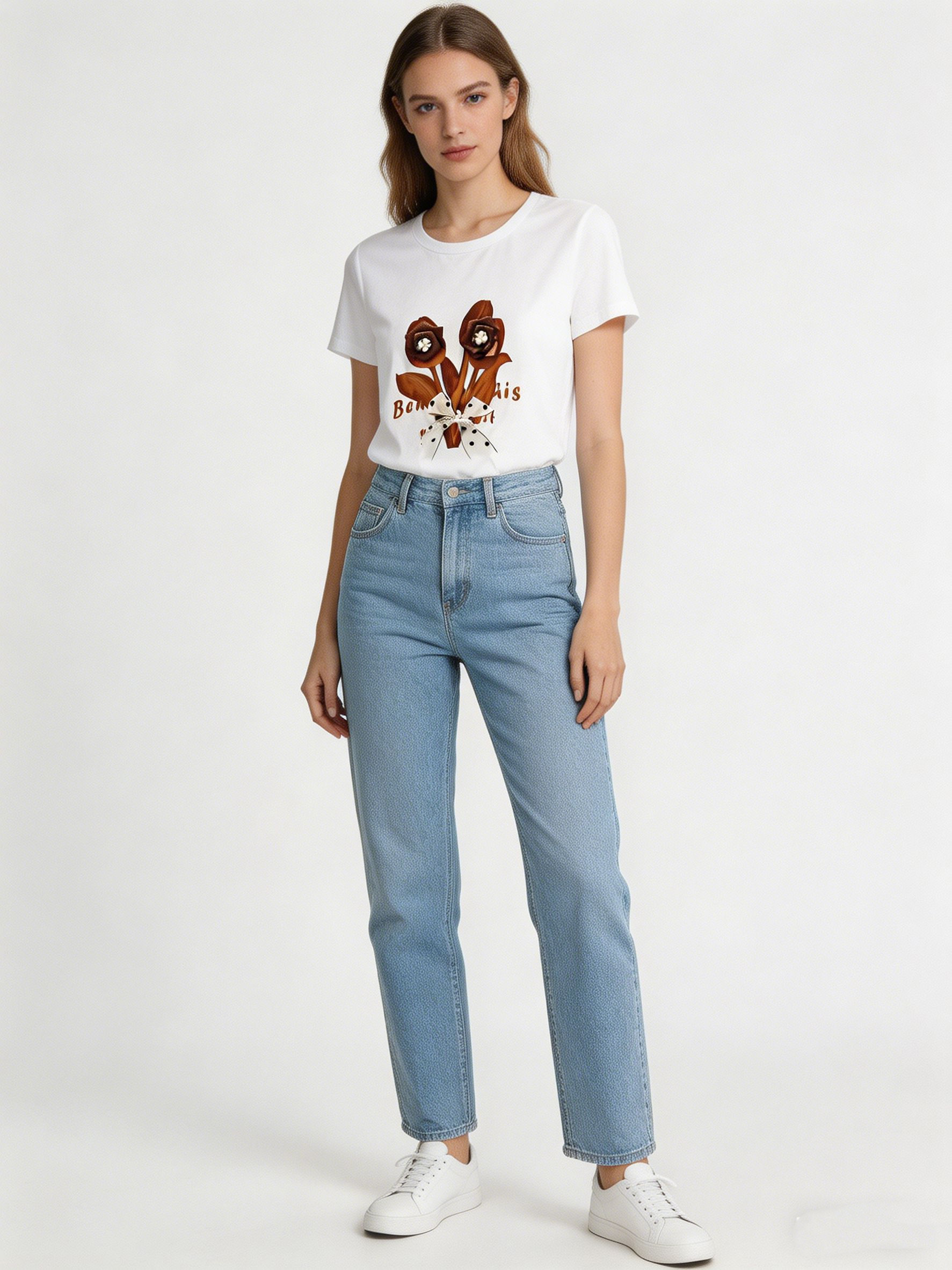 Women’s Floral Applique Bow Detail Summer Graphic Tee M-42129-11