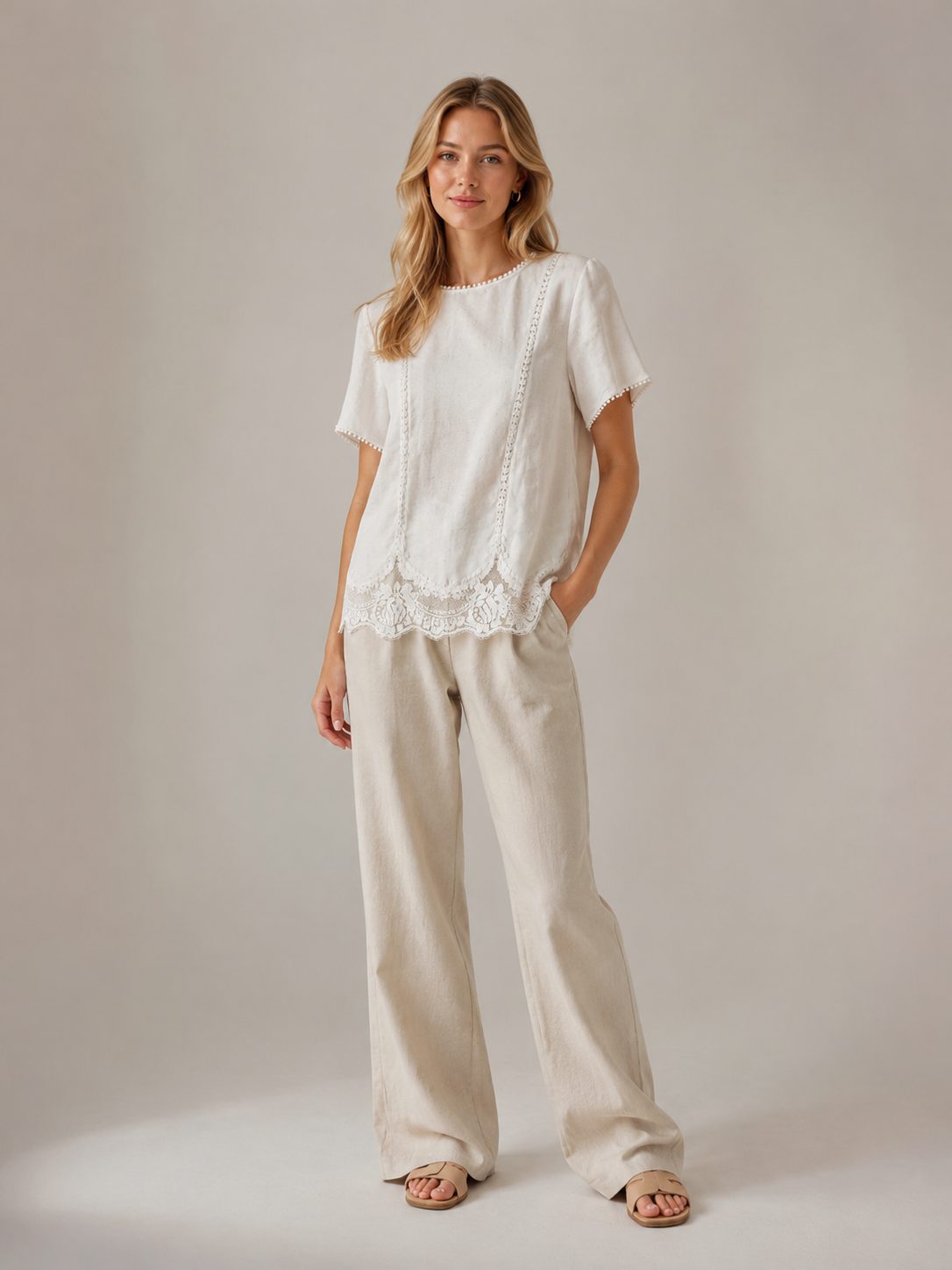 Women's Ivory Lace-Trim Short-Sleeve Top M-42797