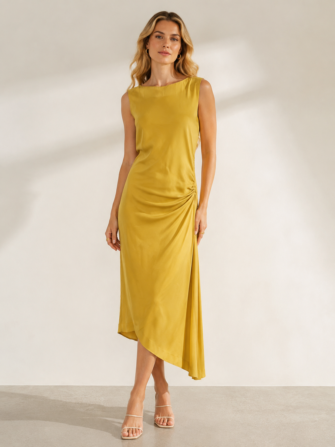 Women's Mustard Satin Asymmetric Sleeveless  Dress W-35967