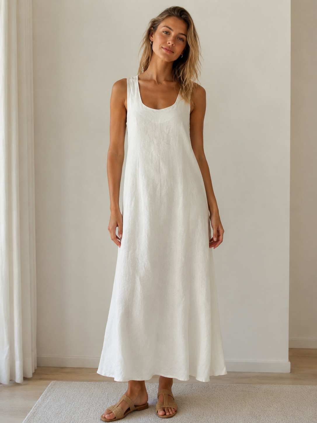 Women's White Textured Sleeveless Shift Dress W-38756-1
