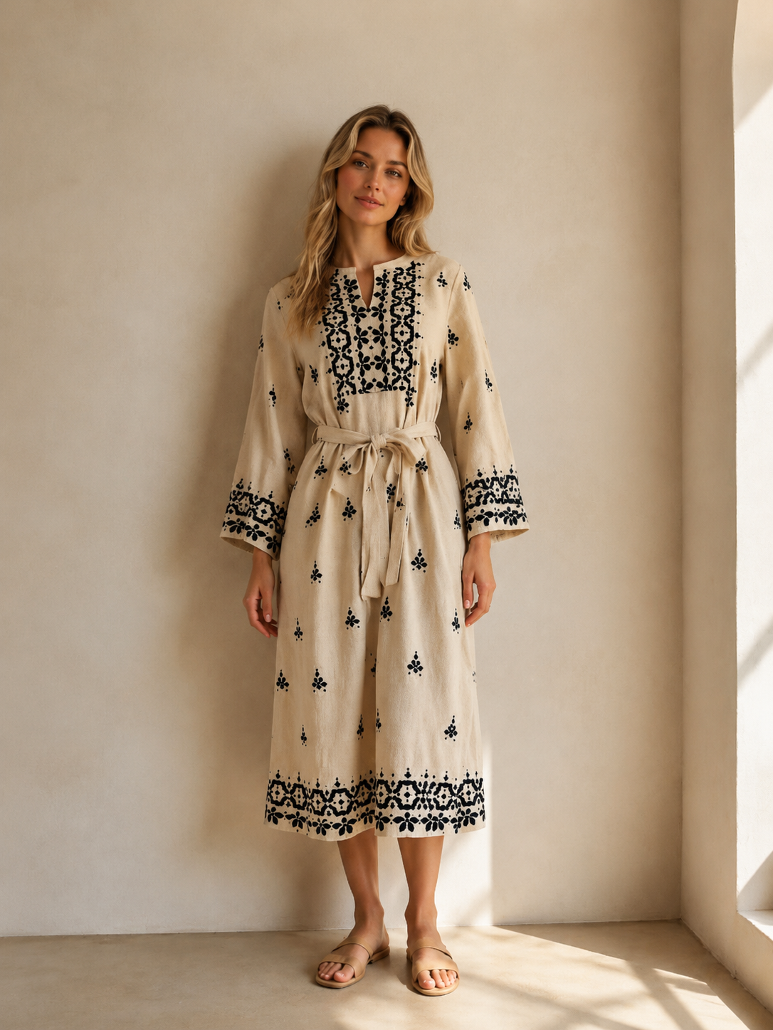 Women's Ivory Folk Embroidered Tie-Waist Dress W-40009