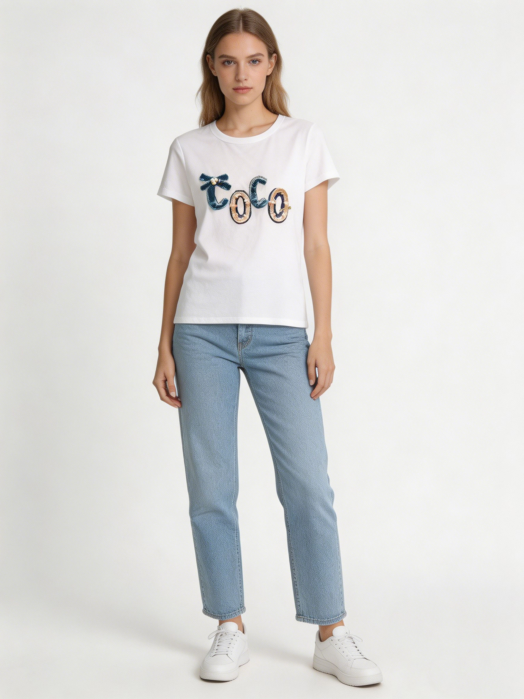 Women’s Sequin Letter Applique Graphic Tee M-42129-6