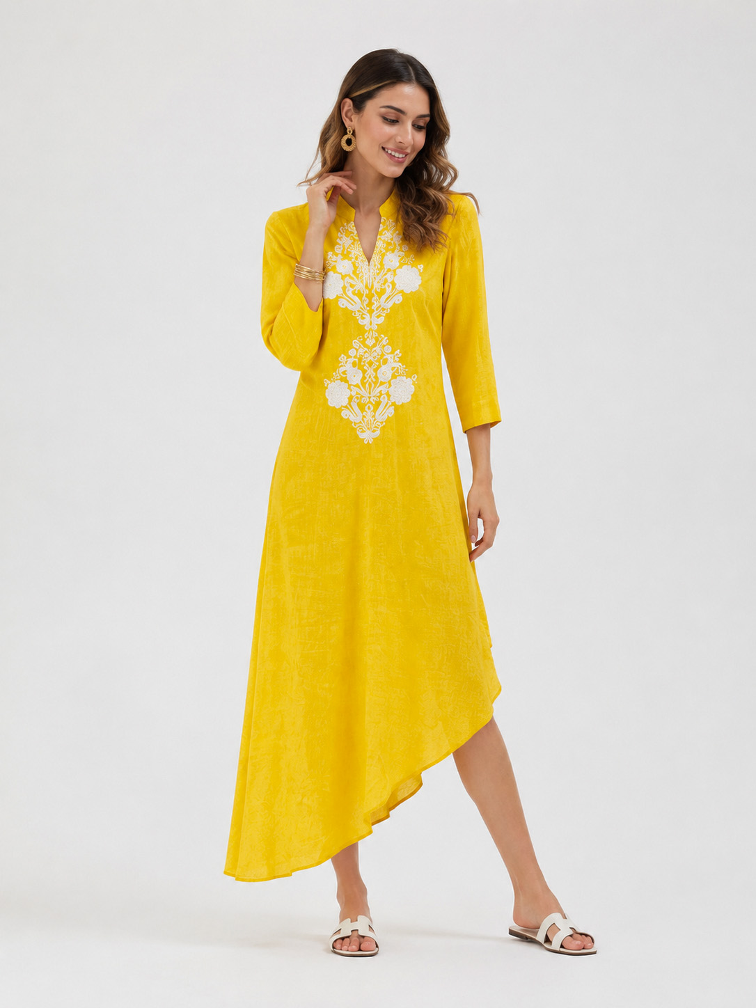 Women's Yellow Floral Embroidered Asymmetric Dress W-24581