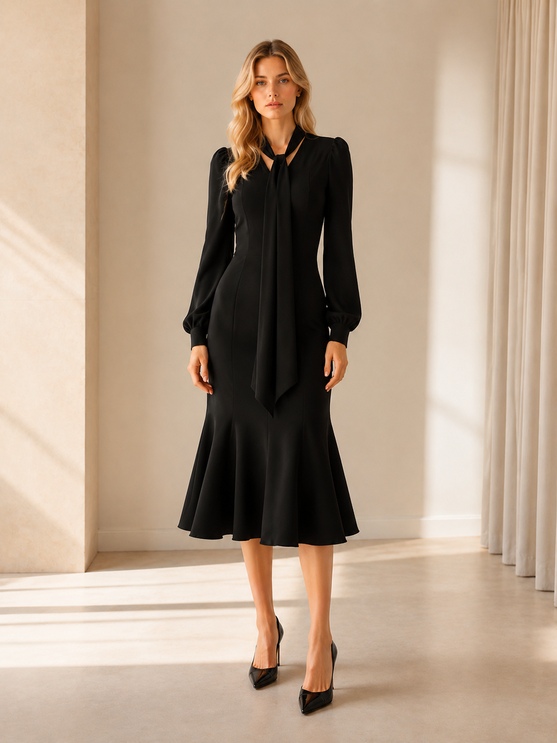 Women's Black Pussy-Bow Ruffle-Hem Midi Dress 34010