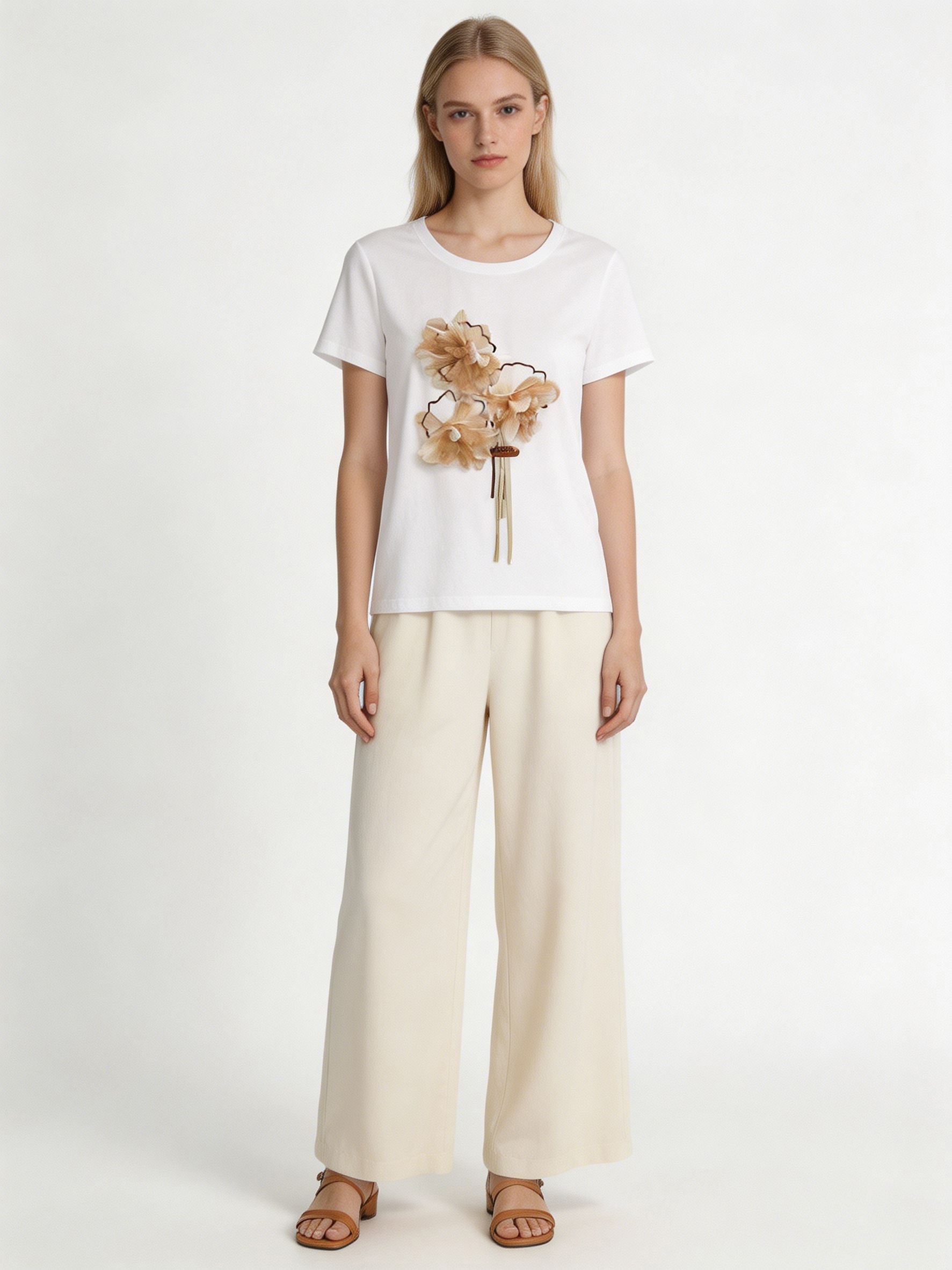 Women’s 3D Floral Applique Short Sleeve Tee M-42129-1