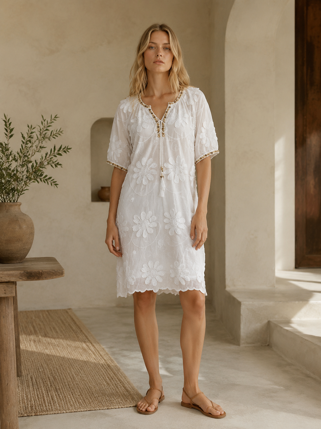 Women's White Embroidered V-Neck Short-Sleeve Tunic A-42850