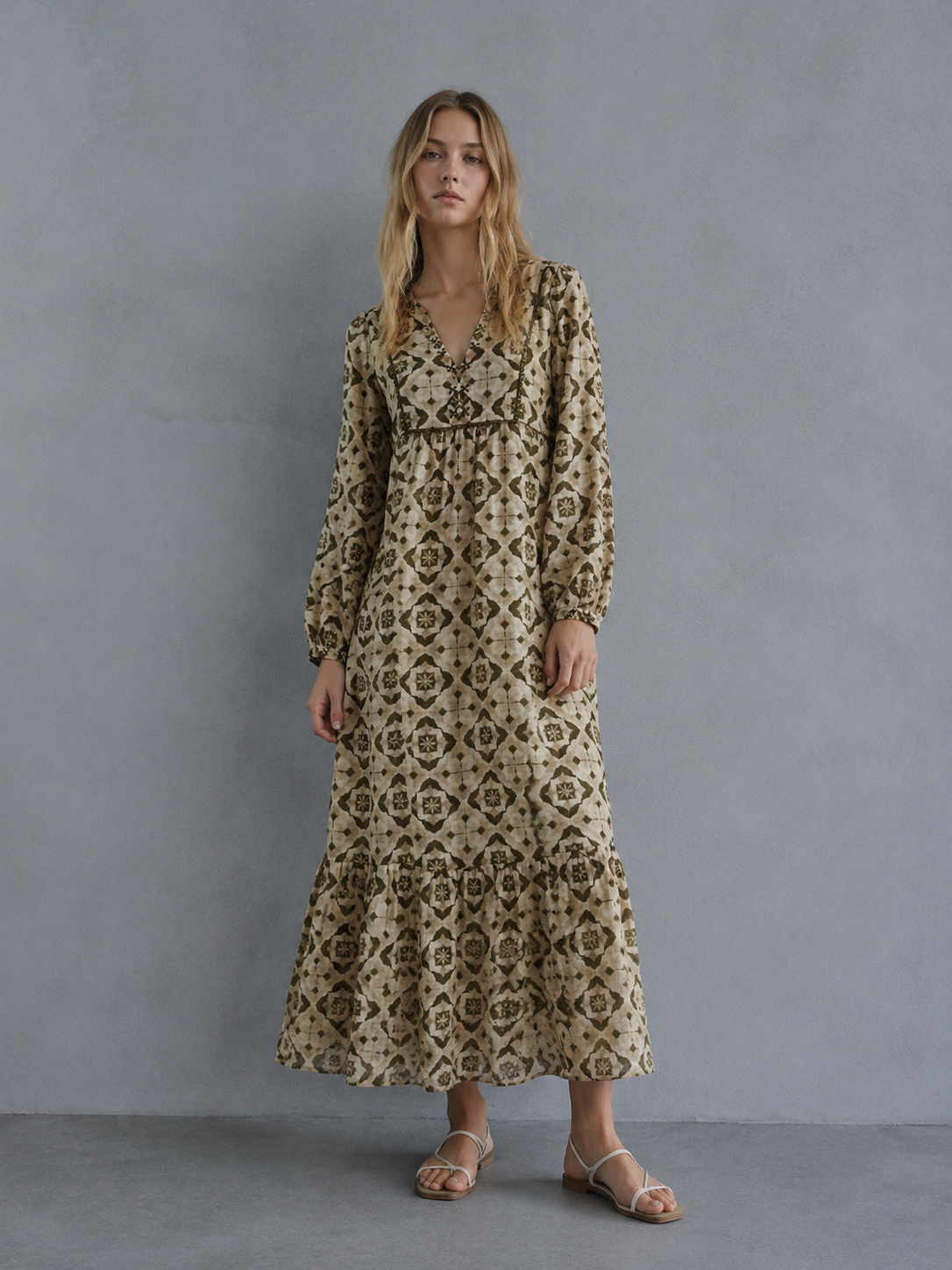 Women's Green Geometric Print Belted Shirt Dress A-42879