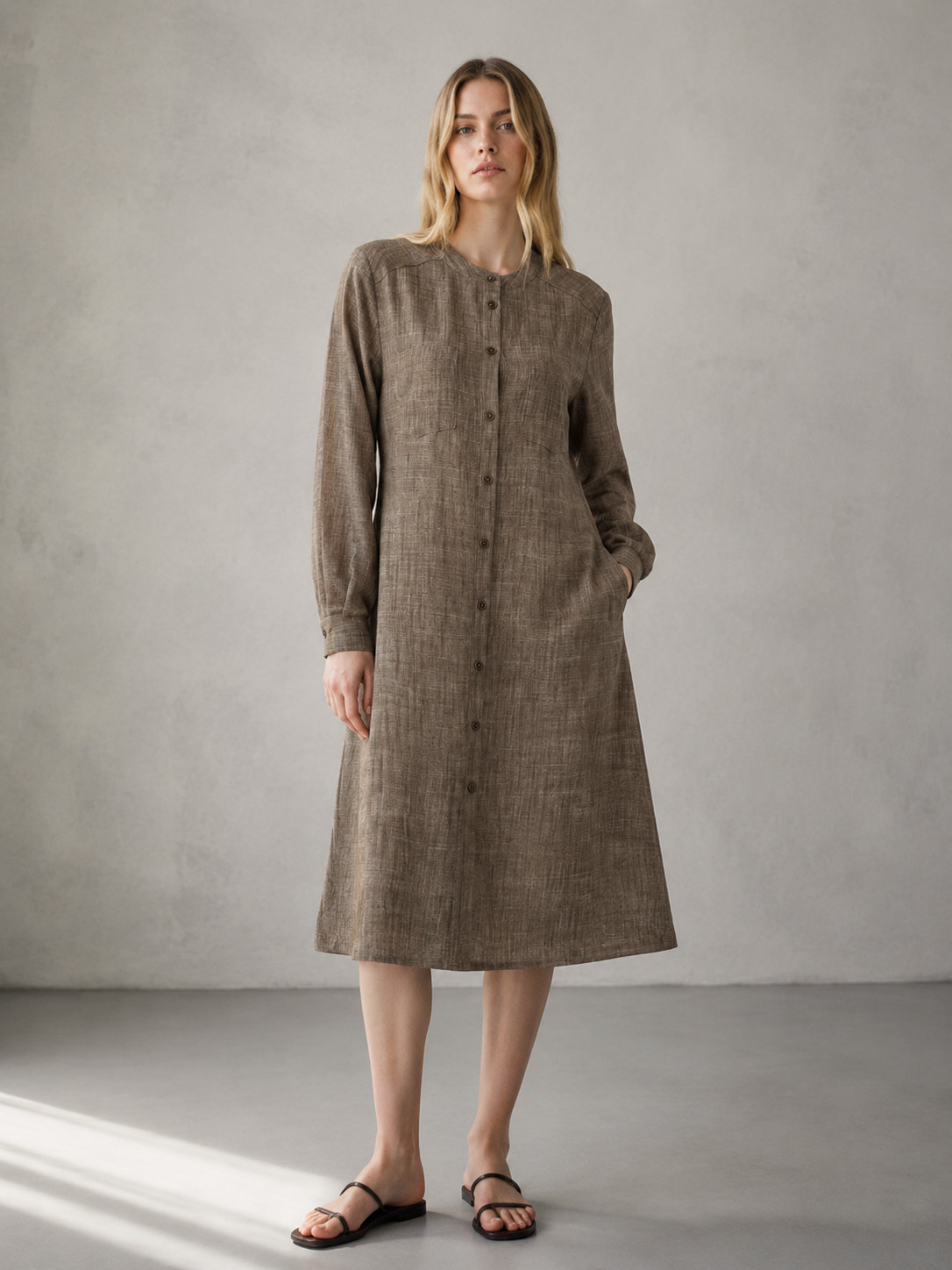 Women's Mocha Textured Button-Front Shirt Dress A-43182