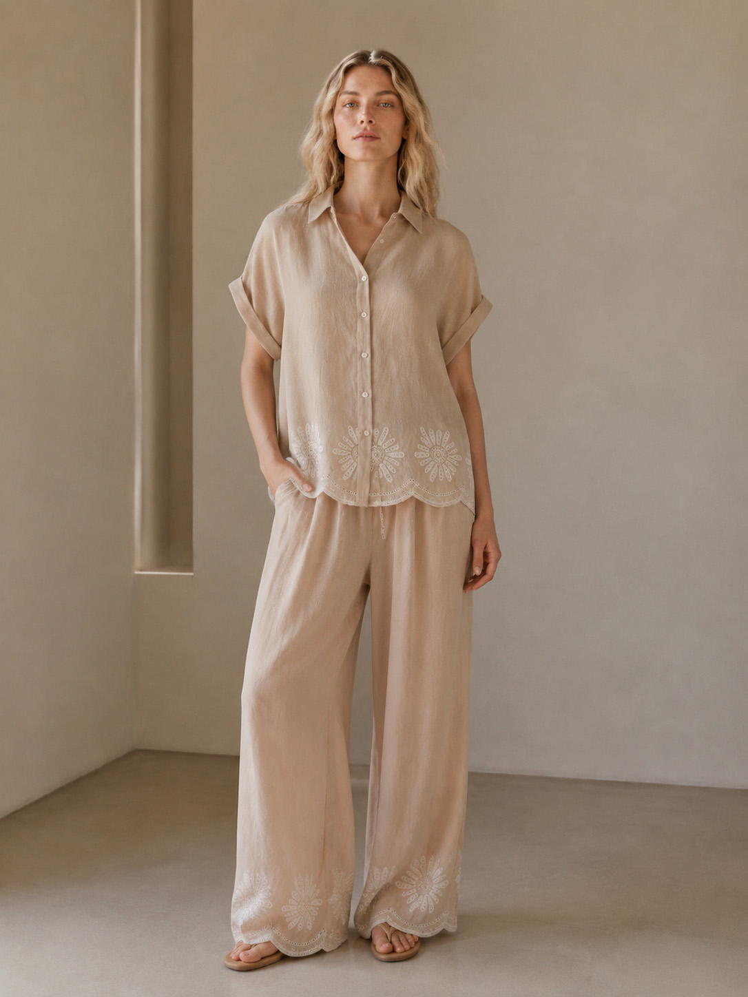 Women's Taupe Embroidered Shirt and Wide-Leg Pants Set C-42948+C-42949