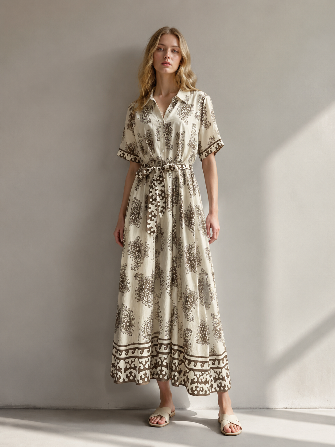 Women's Black and Ivory Boho Print Belted Dress D-42275